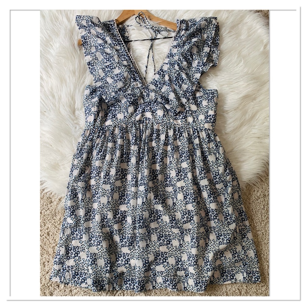 Anthropologie V-Neck Plunge Mini Dress Blue Floral Size Medium